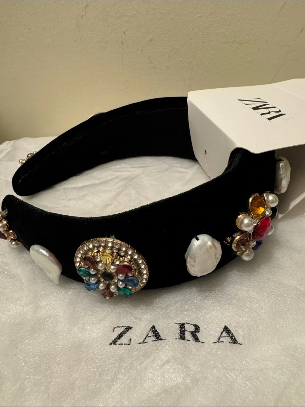 NWT Vintage Zara black velvet headband with pearl and gemstone embellishments